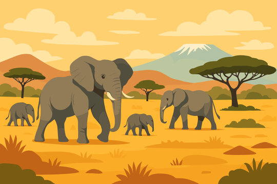 African elephant family in savanna landscape. Wild animals on safari in Africa. Nature background with Kilimanjaro mountain. Flat vector cartoon illustration for travel.