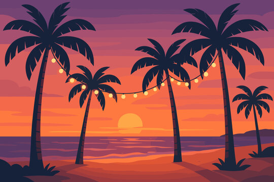 Beach party at sunset vector background. Tropical paradise landscape with ocean, palm tree silhouettes and festive string lights. Modern flat cartoon for summer vacation travel.