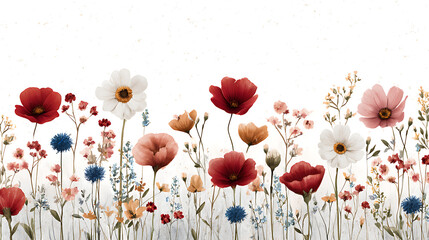 Beautiful horizontal seamless pattern with watercolor wild field flowers. Stock mural. Floral design. 74617017 1