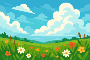 Obraz premium Summer spring landscape with flower meadow. Green grass field, hills background. Rural pasture scenery. Sunny day blue sky, clouds. Cartoon flat vector illustration. Nature.