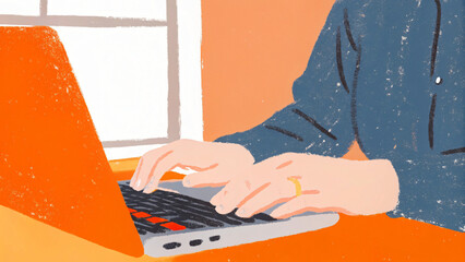 Close-up of Hands Typing on Laptop Keyboard in a Warmly Lit Room, Creating a Focused and Comfortable Environment