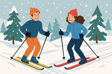 Happy man and woman skiing on a ski trail in a snowy winter forest. Young couple enjoying winter sports and outdoor activities. Healthy active lifestyle. Flat vector cartoon art.