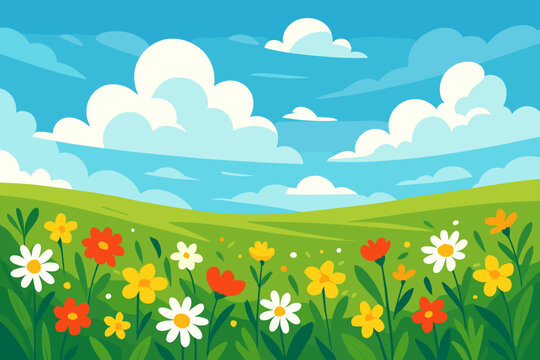 Summer spring landscape with green meadow, colorful flowers. Blue sky background with clouds. Countryside nature scenery. Modern flat cartoon vector illustration for banner.