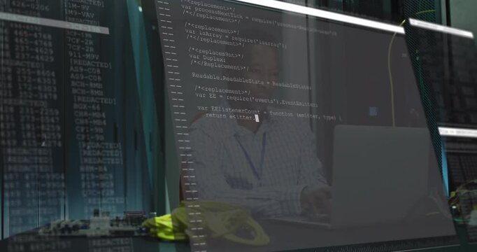 Male technician typing laptop and plugging cables while code overlay sliding for server monitoring