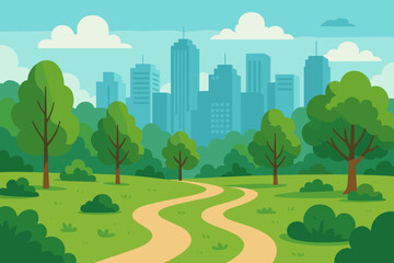 City park landscape with green trees, lawn and path. Urban nature background with cityscape skyline. Modern flat cartoon vector illustration of a public garden with buildings.