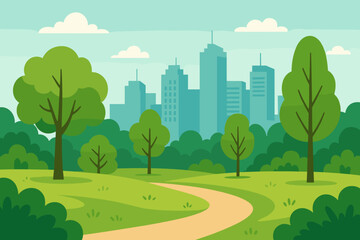 Obraz premium Urban park landscape with green trees and lawn. Cityscape background with skyscrapers. Public garden in summer. Nature in city concept. Modern flat vector cartoon illustration.