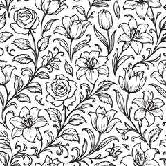 Elegant black and white floral pattern featuring blooming roses lilies and tulips with swirling vines and leaves on a clean white background