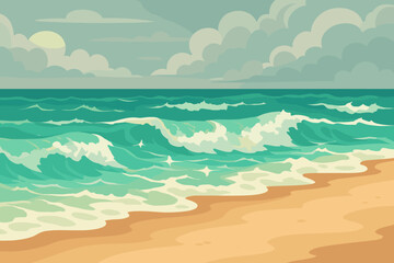 Tropical sandy beach with rough sea waves. Seascape background with a cloudy sky. Modern flat vector cartoon illustration for summer travel, vacation, and nature concepts.