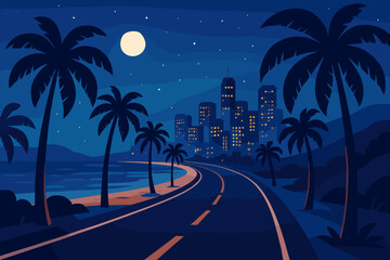 Night highway leading to the city with palm trees. Tropical road trip along the beach coast. Summer vacation travel concept. Modern flat cartoon vector illustration cityscape.