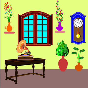 an old gramophone on a wooden table, near the open window