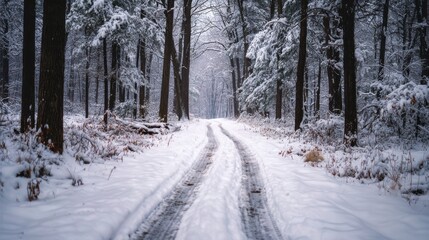 Fototapeta premium Ultra quality image of snowy Forest Path with Parallel Tire Tracks.
