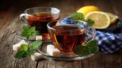 The warm tea served with lemon and mint on rustic wooden table.