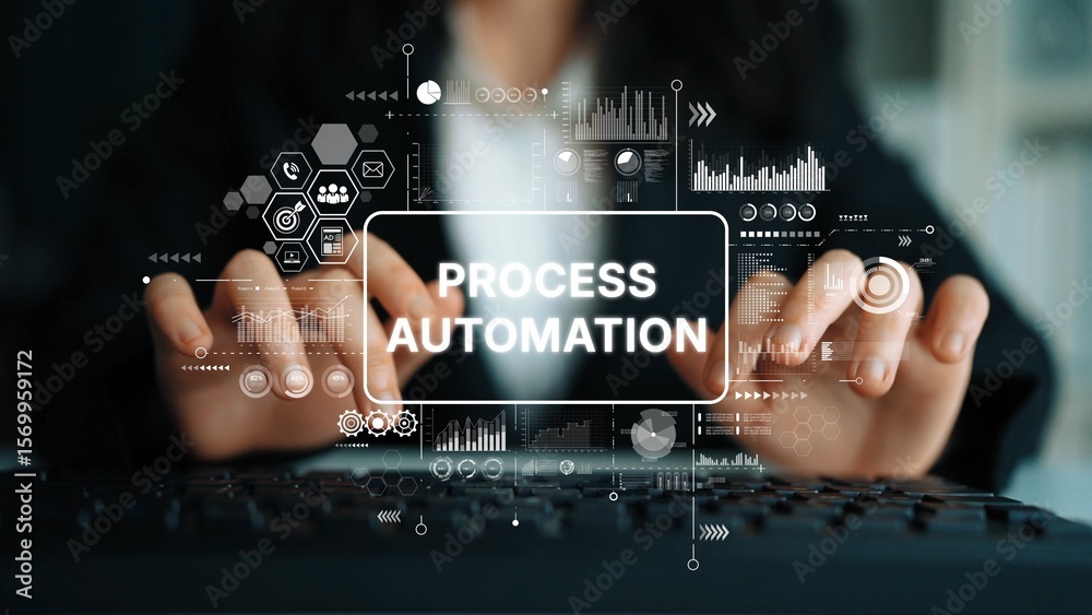 Poster business person engaging in process automation with digital interface and data visualization in mode
