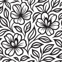 Fototapeta premium Elegant black and white floral pattern with stylized flowers and leaves creating a seamless decorative background design