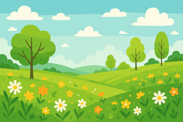 Lush Spring Landscape with Rolling Green Hills, Wildflowers, Trees, Blue Sky, White Clouds, Nature Scenery, Modern Flat Vector Illustration