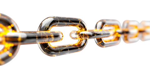 Glowing Chain Link Symbolizing Unity – Close-Up View on Pure White Background with Minimal Shadows