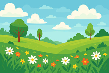 Lush Spring Landscape with Rolling Green Hills, Wildflowers, Trees, Blue Sky, White Clouds, Nature Scenery, Flat Vector Illustration, Outdoor Meadow, Floral Field, Seasonal Cartoon Art