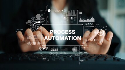 Business person engaging in process automation with digital interface and data visualization in modern office environment. Asymptotic smart data analytic.