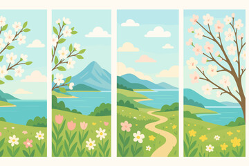 Obraz premium Spring Landscape Vector Set. Blooming Cherry Blossom Trees, Wildflowers, Green Grass, Winding Path, Blue Lake, Majestic Mountains, Clear Sky, Vertical A4 Nature Illustration
