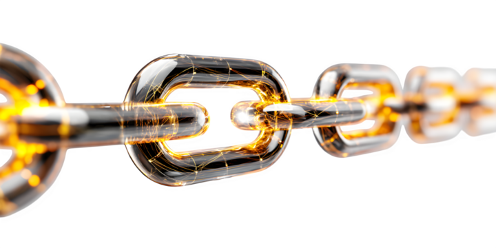 Glowing Chain Link Symbolizing Unity – Close-Up View on Pure White Background with Minimal Shadows - Powered by Adobe