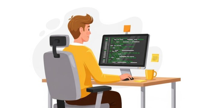 Illustration of individual working at desk with computer and yellow mug near