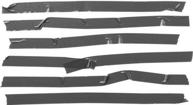 Duct Tape Strips: An array of gray duct tape strips is meticulously arranged, each exhibiting unique cuts and folds, against an immaculate background, ready for any repair job.