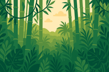 Bamboo Forest Jungle Landscape. Dense Tropical Bamboo Grove, Exotic Plant Leaves, Lush Greenery, Nature Background, Rainforest Vegetation, Jungle Foliage, Summer Wilderness, Eco Paradise