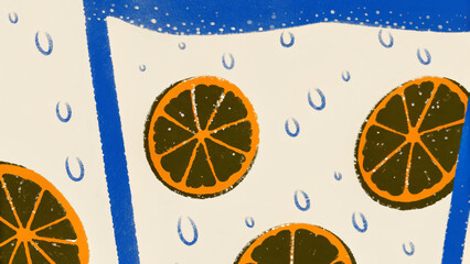 Abstract Citrus Fruit in Water Illustration A Stylized Depiction of Orange Slices with Bubbles
