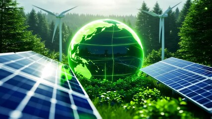 Green Energy Revolution: Sustainable Future with Solar Panels, Wind Turbines, and a Green Globe - Powered by Adobe