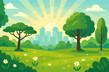 Urban Park Sunrise with Green Meadow, Wildflowers, Trees, and City Skyline Silhouette. Nature and City Harmony, Summer Landscape, Outdoor Recreation, Eco-Friendly Environment, Urban Green Space