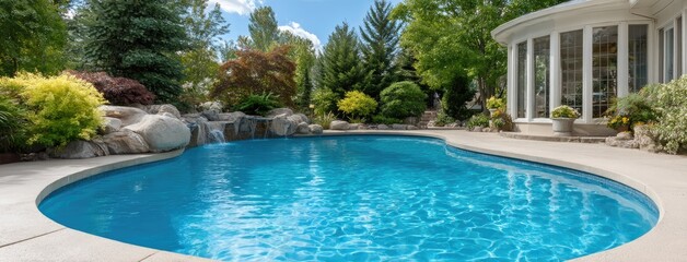 Gorgeous outdoor swimming pool set in a serene backyard with vibrant greenery and stylish patio furniture inviting relaxation