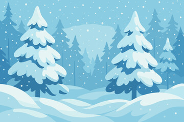 Snowy Winter Forest Landscape with Pine Trees, Large Snowdrifts, Falling Snow, Peaceful Nature Scene, Frosty Weather, Seasonal Christmas Background, Flat Cartoon Vector Illustration