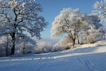 Snow covered trees and bushes casting long shadows on a sunny winter day