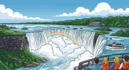 Tourists marvel at Niagara Falls' majestic cascade and vibrant rainbow, a breathtaking natural spectacle.