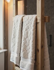 Soft bathroom towels neatly hanging on a wooden rack