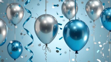 Floating silver and blue balloons with confetti on a light blue colored background scene studio shot - Powered by Adobe