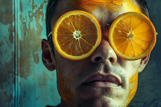 Close up of a man wearing orange slices as glasses and orange paint on his face, expressing a quirky and surreal concept - Powered by Adobe
