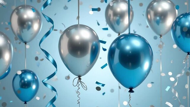 Floating silver and blue balloons with confetti on a light blue colored background scene studio shot