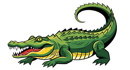 Obraz premium A vibrant green alligator, detailed illustration, curled tail, open mouth, sharp teeth.