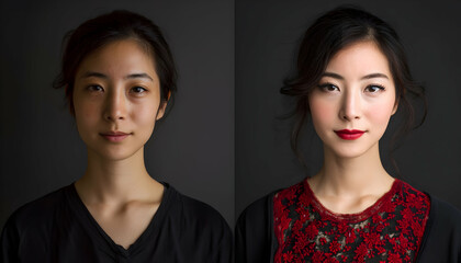 Before and after transformation of an Asian woman?? face with makeup and skincare   -