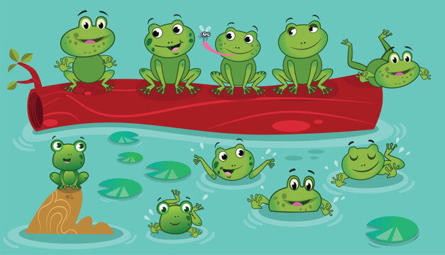 Playful Frogs by the Pond - Cute Cartoon Vector Illustration