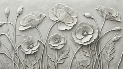Bas relief poppies delicate floral arrangement botanical sculpture
