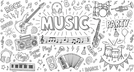 Music doodle art with musical instruments and party elements vector design