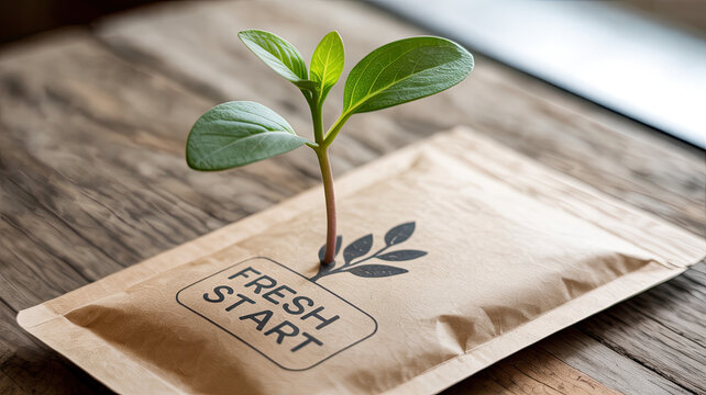Delicate green sprout emerging from paper packet plant seedling