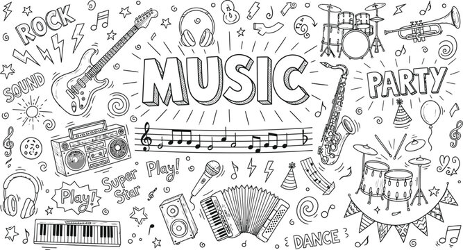 Music doodle art with musical instruments and party elements vector design