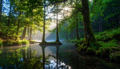 Sunlit forest stream reflections