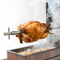 hen roasted on fire white background