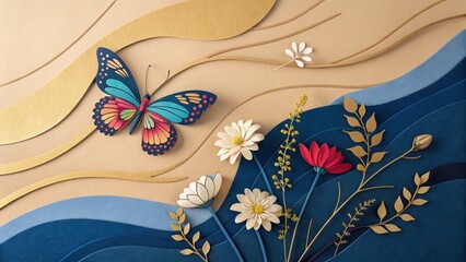 Colorful butterfly and flowers paper craft nature