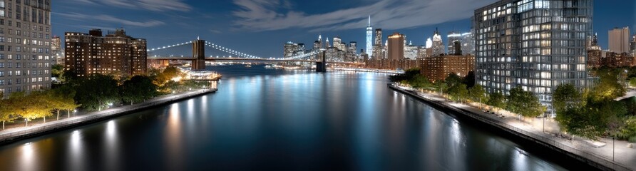Obraz premium New York City skyline illuminated at night, showcasing iconic skyscrapers and a bridge with reflections on the water below