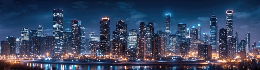 Obraz premium Skyscrapers glow under a dark purple sky, highlighting the vibrant nightlife and urban energy of the bustling city after sunset